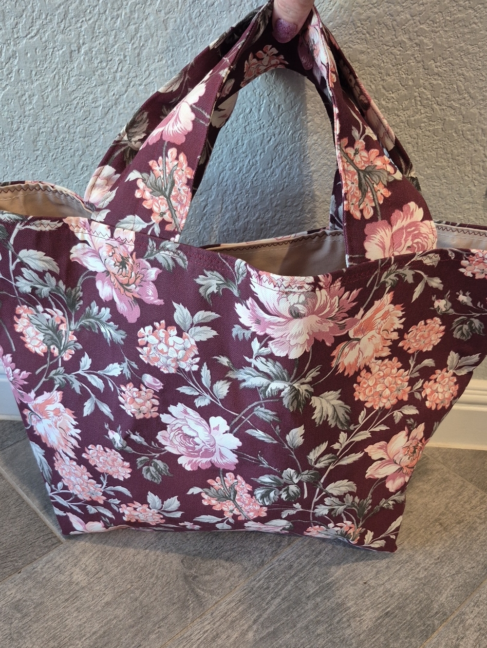 Floral Canvas Tote Bag in Burgundy and Pink